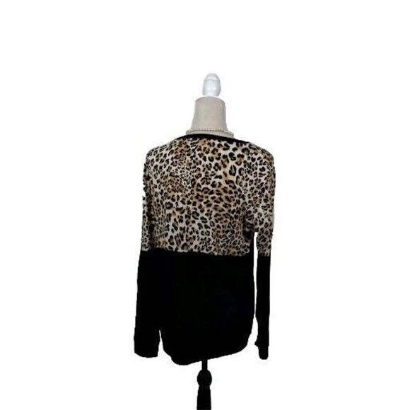 Womens XL Pullover Top Black Leopard Print Long Sleeve Crew Neck - Picture 3 of 5